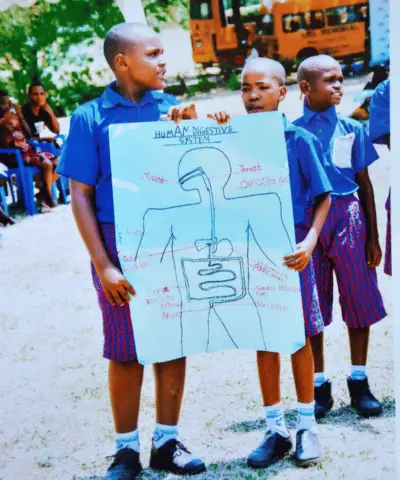 Abel memorial students displaying a drawing of the human digestive system